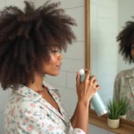 Femme aux cheveux bouclés appliquant un soin capillaire dans sa salle de bain