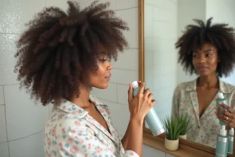 Femme aux cheveux bouclés appliquant un soin capillaire dans sa salle de bain