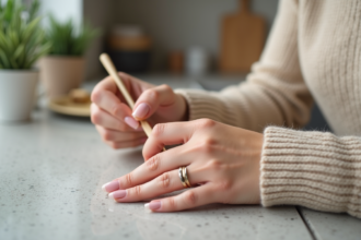 Femme en train de retirer ses faux ongles gel à la maison