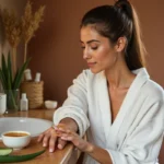 Femme à la peau teint olive appliquant un mélange miel et aloe vera sur son bras dans une salle de bain naturelle