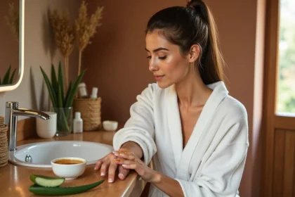 Femme à la peau teint olive appliquant un mélange miel et aloe vera sur son bras dans une salle de bain naturelle