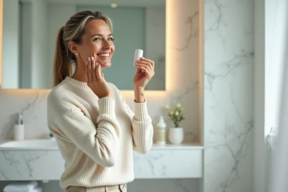 Femme d'âge moyen appliquant un sérum visage avec confiance