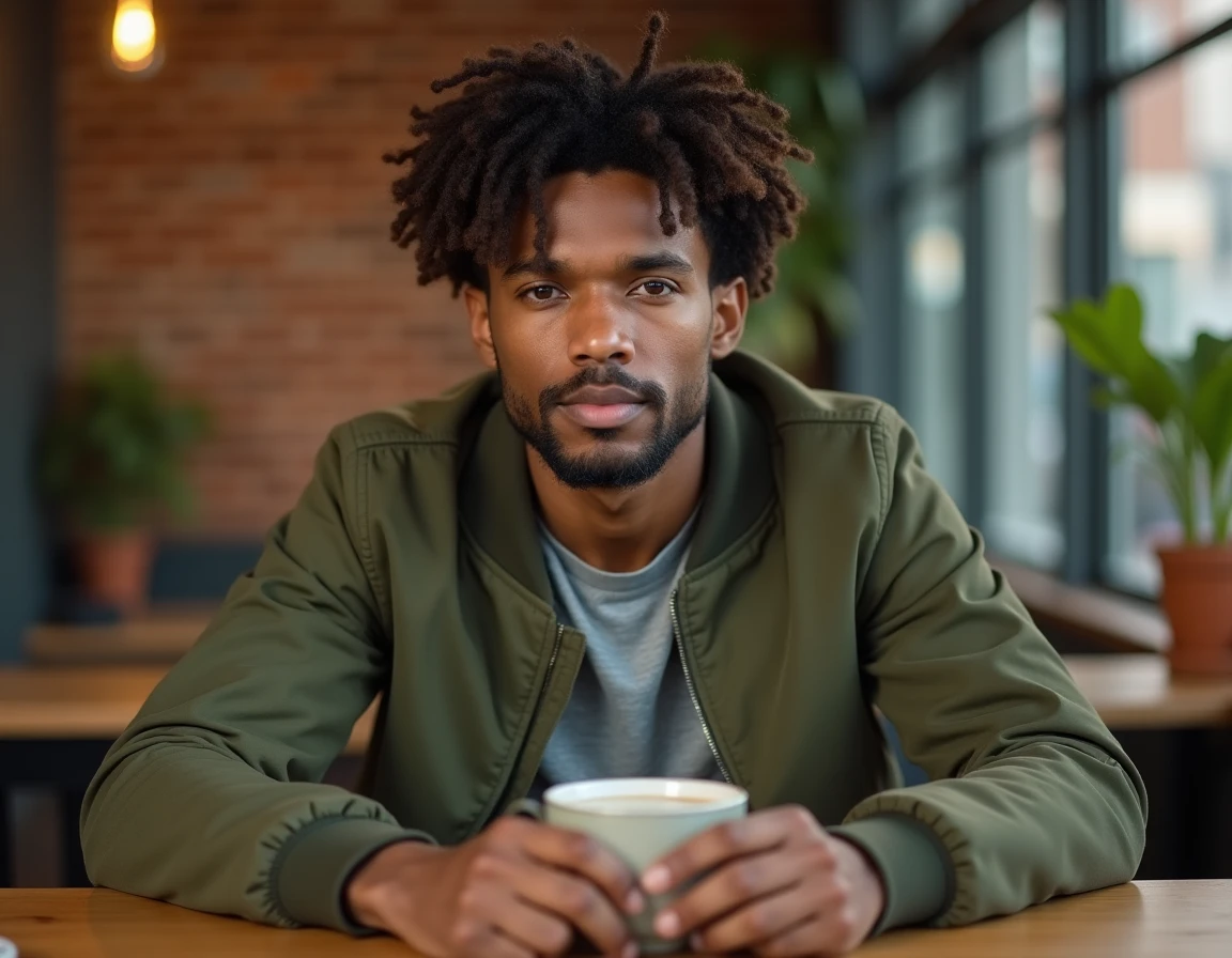 Homme aux cheveux frisés style twist-out dans un café avec veste bomber verte et tasse de café
