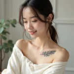 Tatouage floral délicat sur l'épaule et la clavicule d'une jeune femme à peau claire, style éditorial épuré