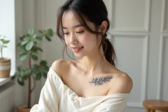 Tatouage floral délicat sur l'épaule et la clavicule d'une jeune femme à peau claire, style éditorial épuré