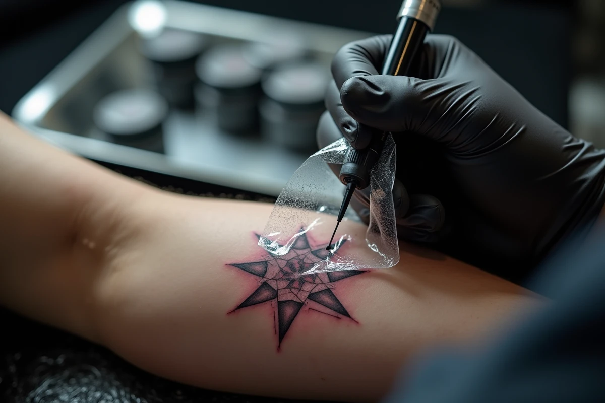 Gros plan sur un tatouage géométrique fraîchement réalisé à Toulouse, artiste appliquant un film protecteur avec des gants stériles