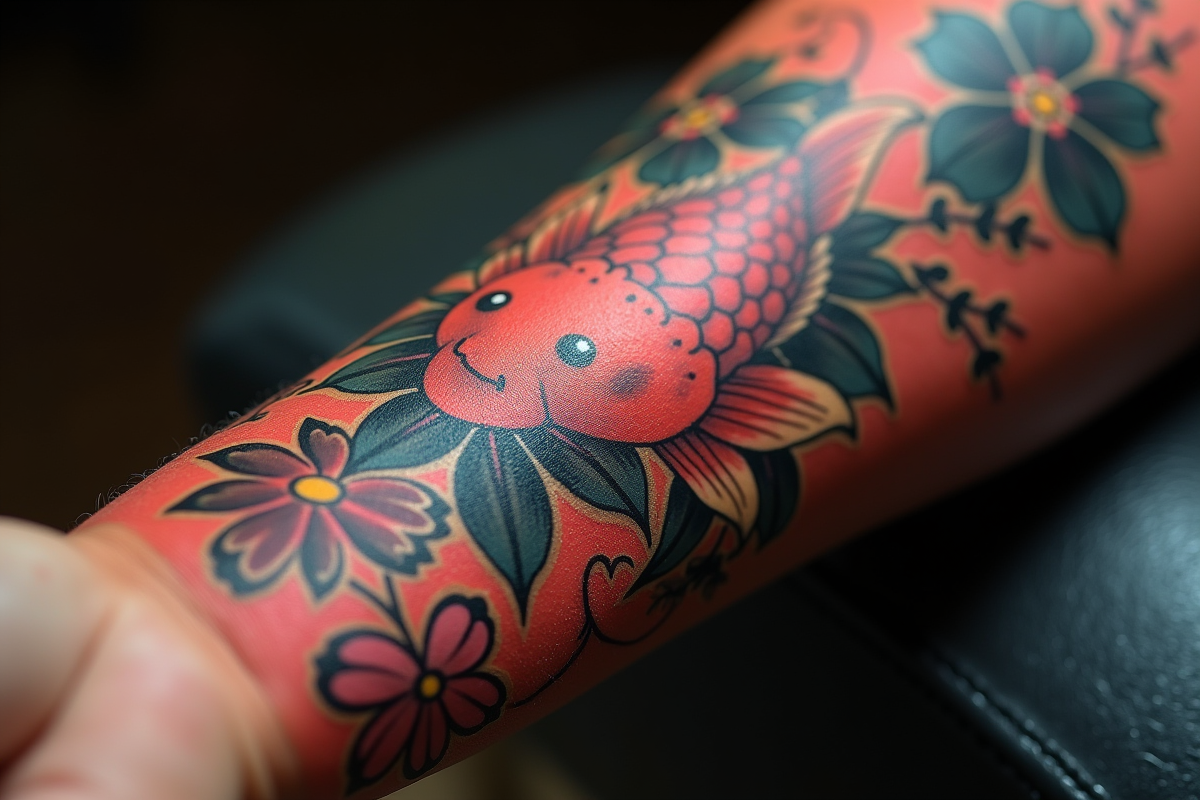 Tatouage japonais de koi et fleurs de cerisier sur un avant-bras