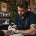 Tatoueur professionnel à Toulouse réalisant un tatouage floral sur l'avant-bras d'un client dans un studio propre et moderne