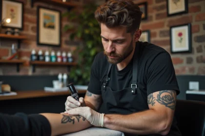 Tatoueur professionnel à Toulouse réalisant un tatouage floral sur l'avant-bras d'un client dans un studio propre et moderne