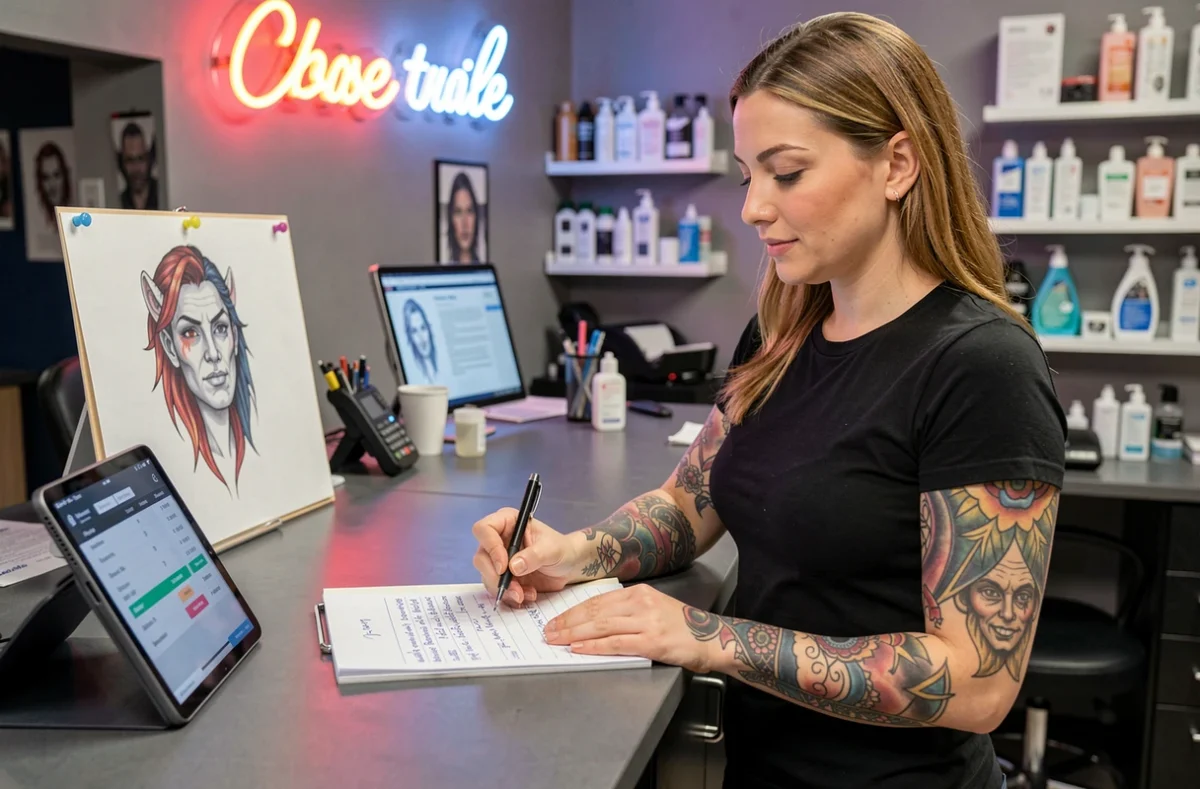 Tatoueuse professionnelle rédigeant un devis manuscrit pour un client dans un salon de tatouage
