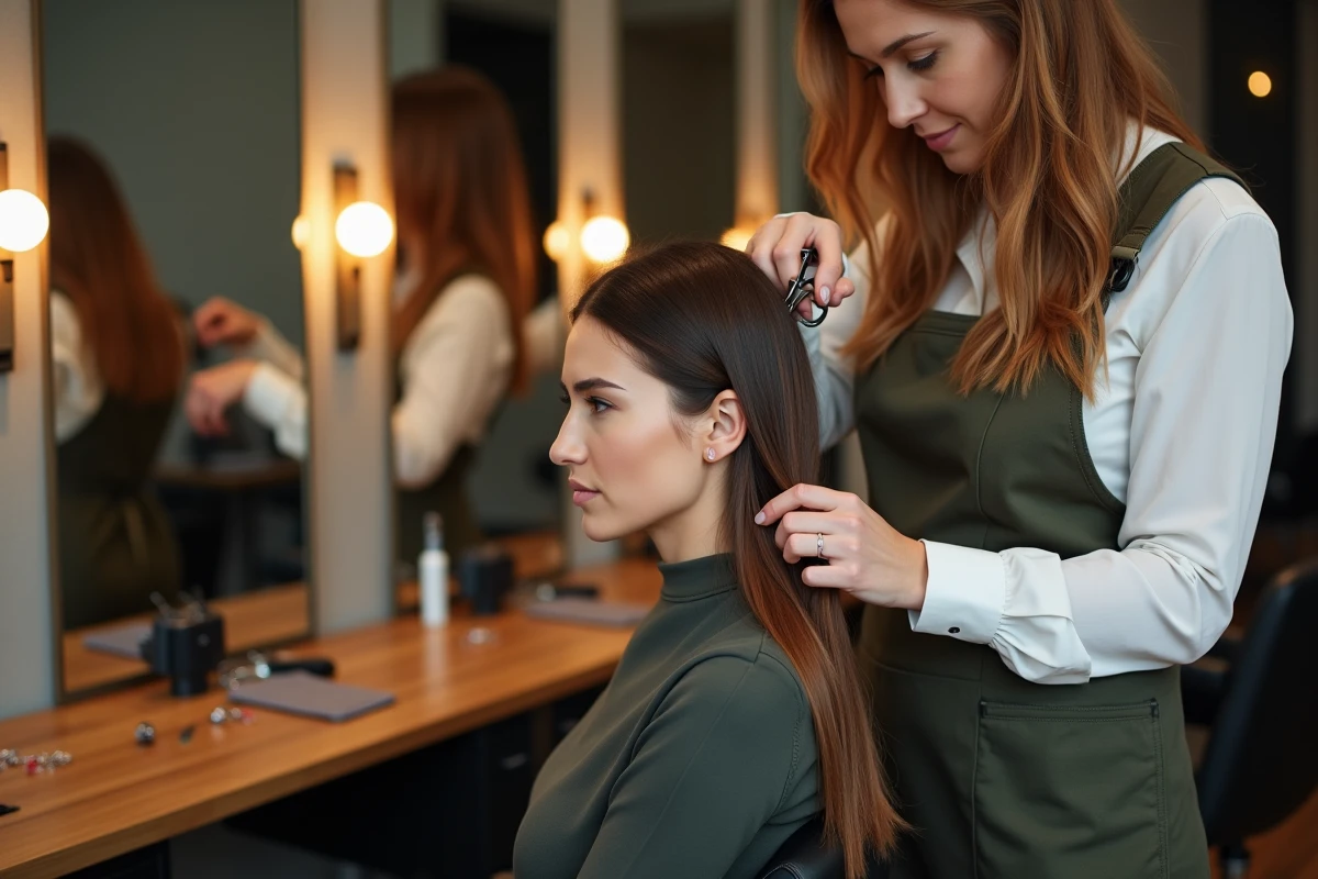 Coiffeuse professionnelle réalisant une coupe dégradée sur cheveux fins et raides