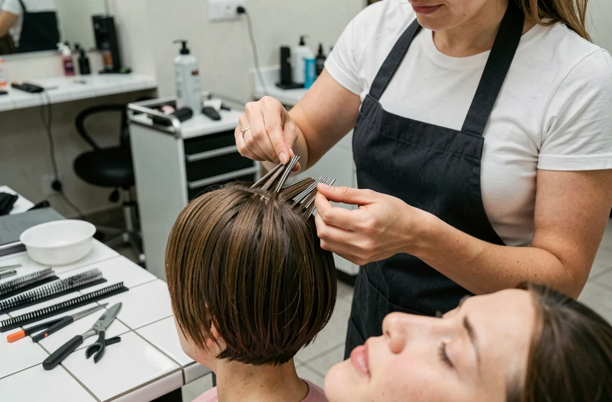 Coiffeuse professionnelle posant des rouleaux de permanente sur les cheveux courts d'une cliente en salon de coiffure
