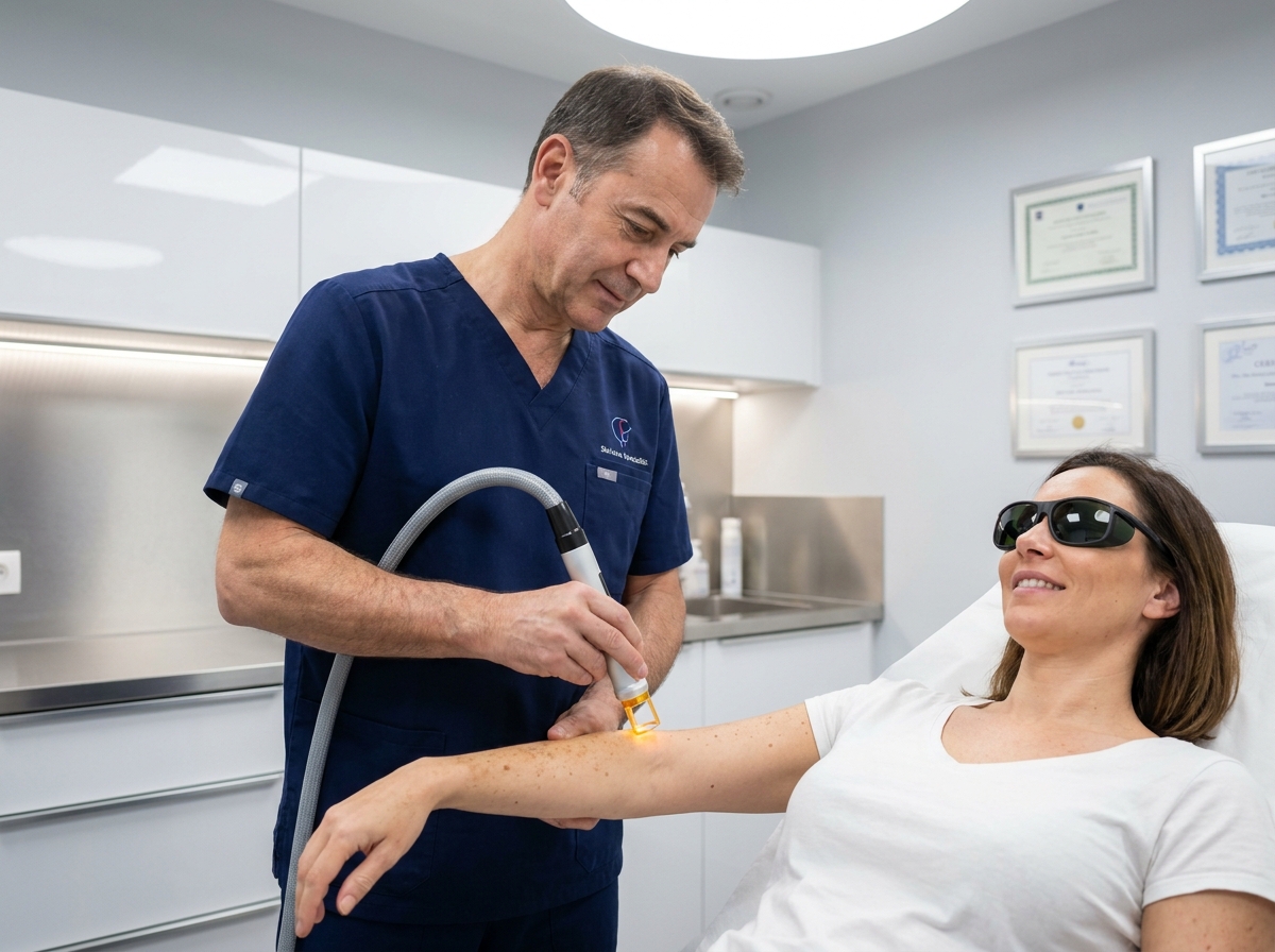 Spécialiste utilisant un dispositif laser pour traiter les taches pigmentaires sur le bras d'une patiente dans un centre esthétique lyonnais