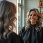 Femme aux cheveux gris naturels élégants en cours de transition capillaire dans un salon de coiffure moderne