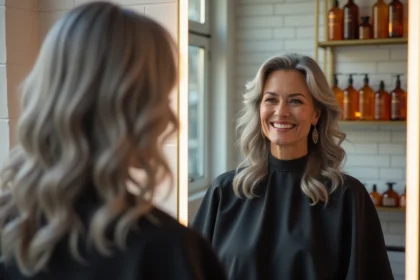 Femme aux cheveux gris naturels élégants en cours de transition capillaire dans un salon de coiffure moderne