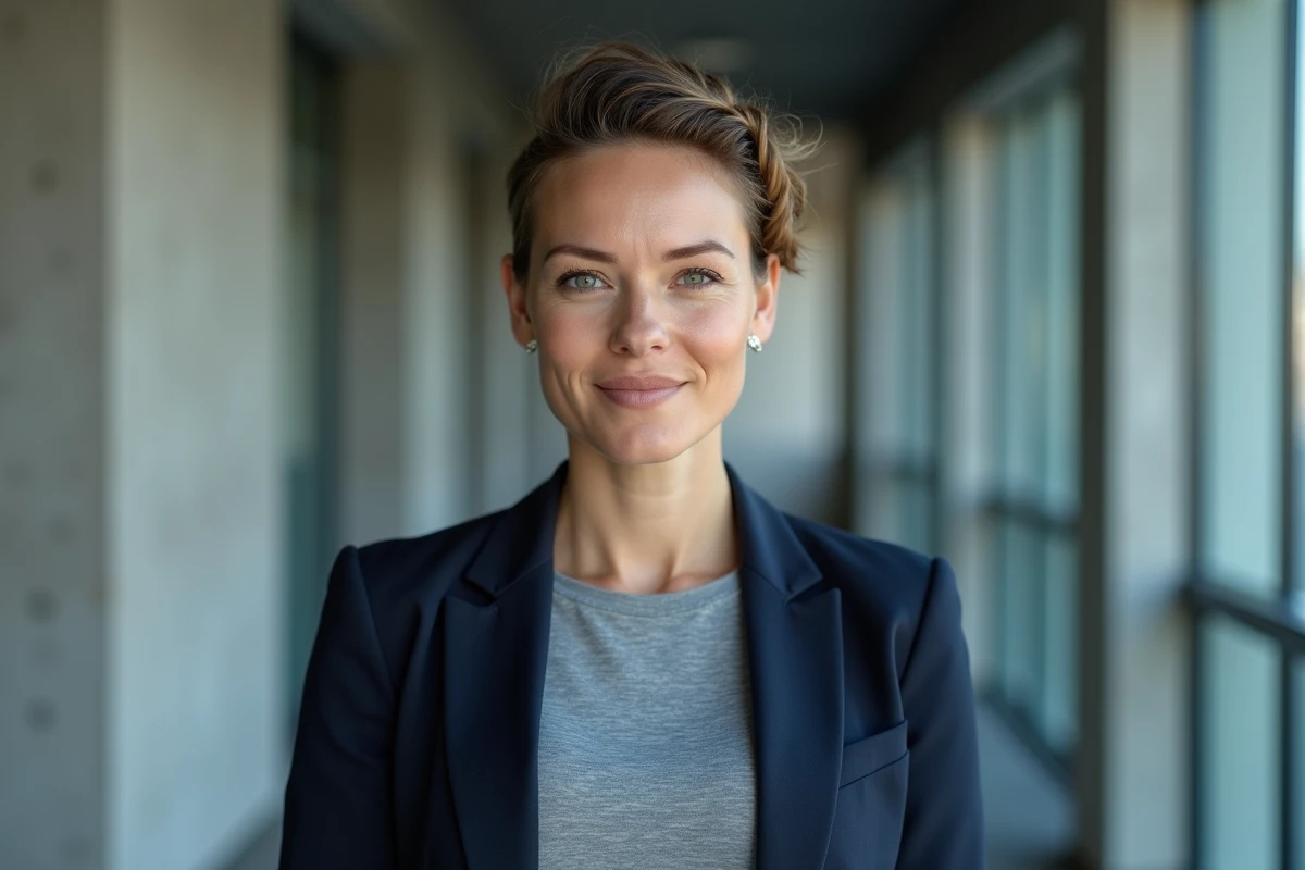 Femme professionnelle en veste marine avec une tresse hollandaise courte sur le côté dans un couloir de bureau moderne