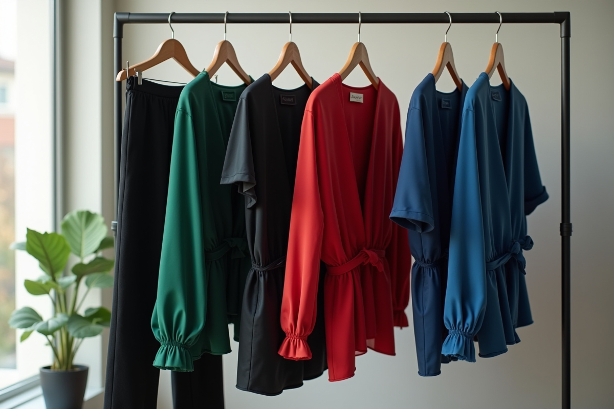 Vêtements coordonnes sur un portant minimaliste avec pantalons noirs et hauts colorés