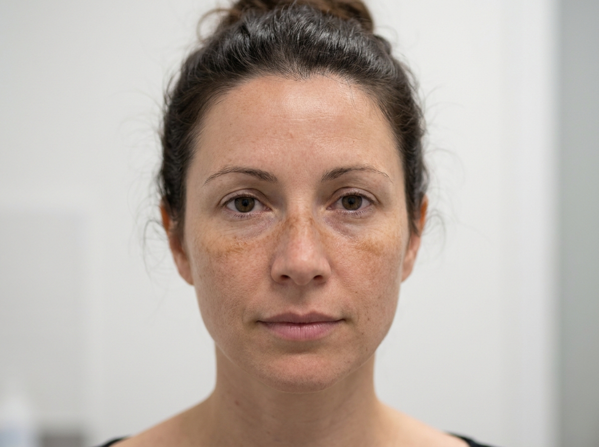 Gros plan du visage d'une femme présentant des taches pigmentaires et du mélasma visibles avant traitement dermatologique