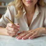 Femme en salon de manucure appliquant de la poudre sur ses ongles