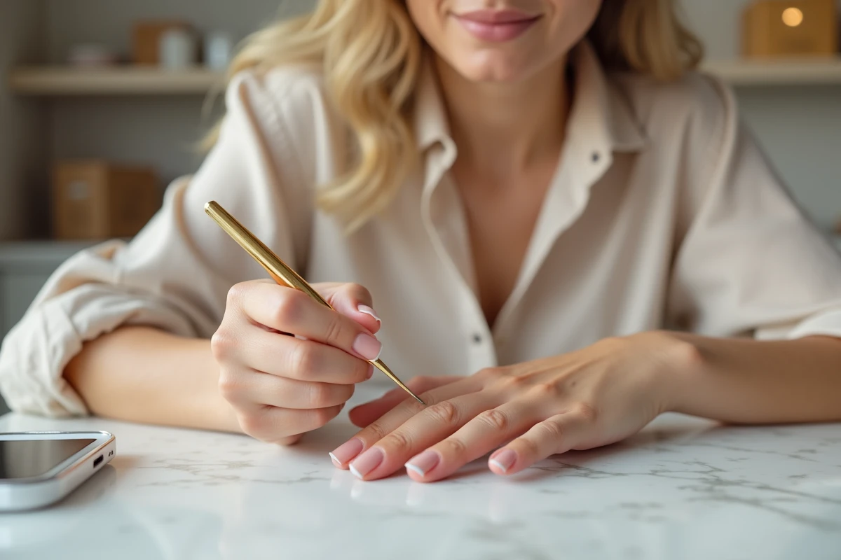 Femme en salon de manucure appliquant de la poudre sur ses ongles
